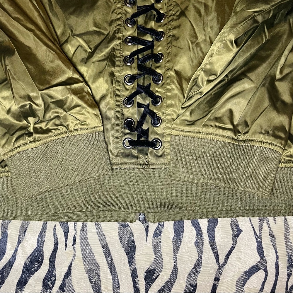 Bagatelle Olive Bomber Jacket with Lace-Up Corset Details - Picture 7 of 7